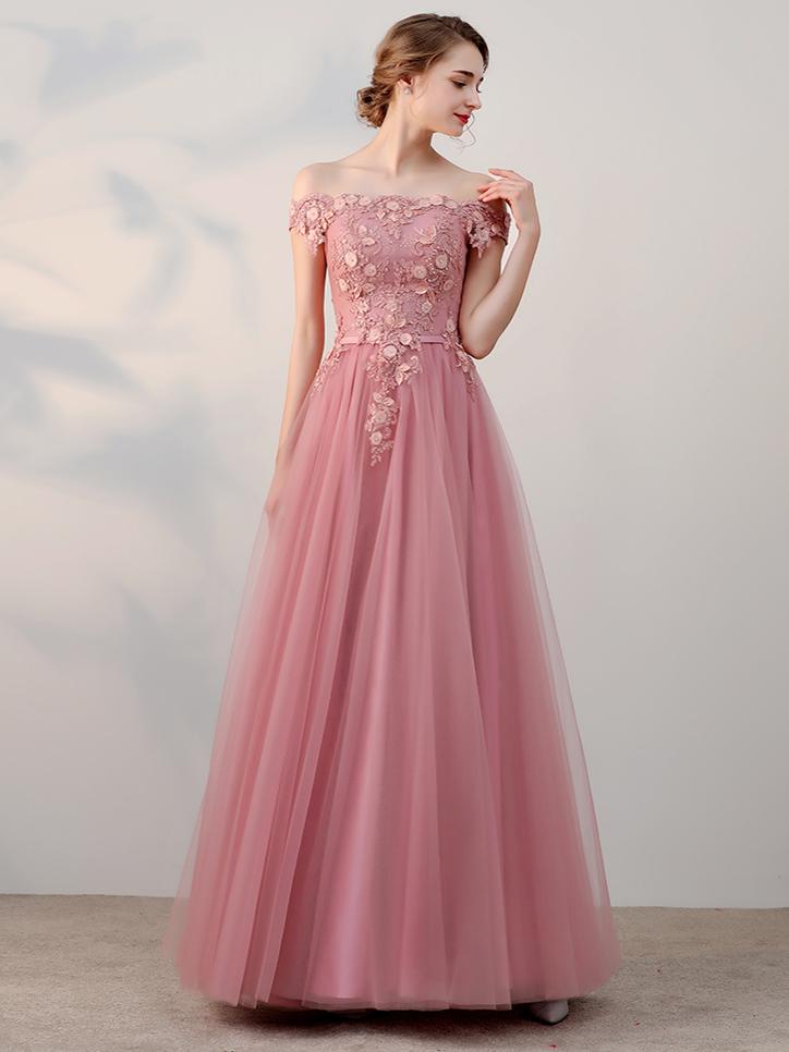 Elegant Pink Tulle Off Shoulder Evening Gowns, Pink One Shoulder Prom Cutedressy Elegant Pink Tulle Off Shoulder Evening Gowns, Pink One Shoulder Prom Cutedressy