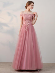 Elegant Pink Tulle Off Shoulder Evening Gowns, Pink One Shoulder Prom Dress, A-line Party Dresses