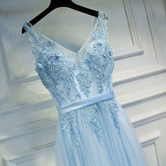 Light Blue V-neckline Charming Prom Gowns, Blue Formal Dress with Belt, Lovely Gowns