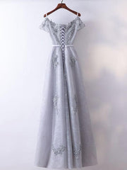 Elegant Lace Off the shoulder Tulle Sliver-Grey Party Dress, Long Formal Gown