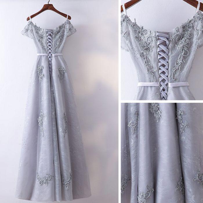 Elegant Lace Off the shoulder Tulle Sliver-Grey Party Dress, Long Formal Gown