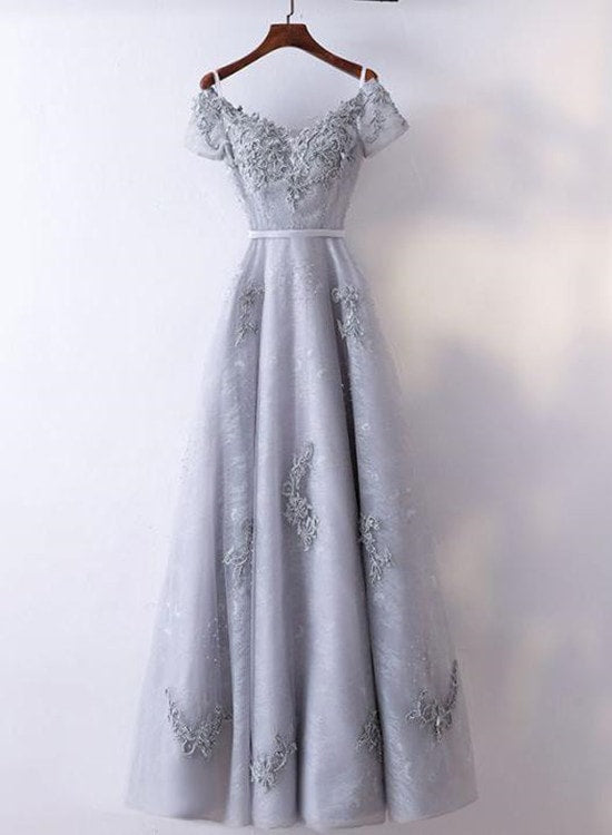 grey lace long gown