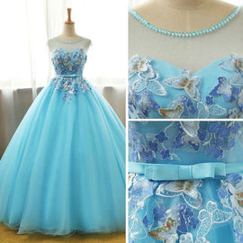 Beautiful Blue Round Long Party Dress,Ball Gown Lace Applique Sweet 16 Dress