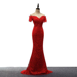 Red Lace Mermaid Long Wedding Party Dress, Off Shoulder Lace Bridesmaid Dress
