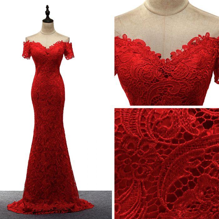 Red Lace Mermaid Long Wedding Party Dress, Off Shoulder Lace Bridesmaid Dress