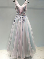 Pink and Grey Tulle V-neckline Prom Gown , Tulle Party Dress
