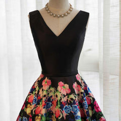 Black Satin Floral Lace-up Formal Dresses, Black Party Dress, Formal Gowns
