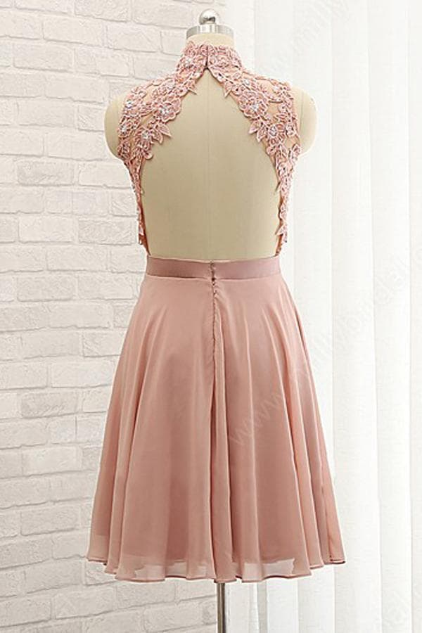 Beautiful Short Chiffon and Lace High Neckline Bridesmaid Dress, Lovely Party Dress