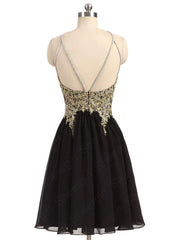 Lovely Short Black Chiffon and Gold Lace Halter Homecoming Dresses, Short Prom Dresses, Party Dresses