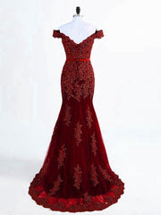Burgundy Applique Mermaid Elegant Bridesmaid Dresses, Formal Gowns, Prom Dresses