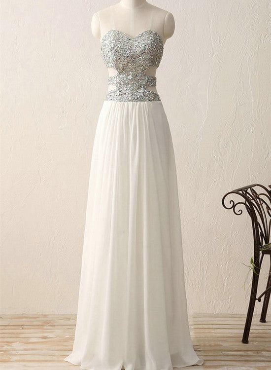 Sequins White Prom Dress, Beaded Long Party Gowns, Formal Dress