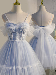 Adorable Light Blue Tulle Sweetheart Straps Party Dress with Lace, Short Tulle Prom Dresses