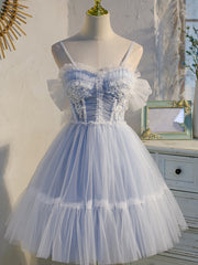 Adorable Light Blue Tulle Sweetheart Straps Party Dress with Lace, Short Tulle Prom Dresses