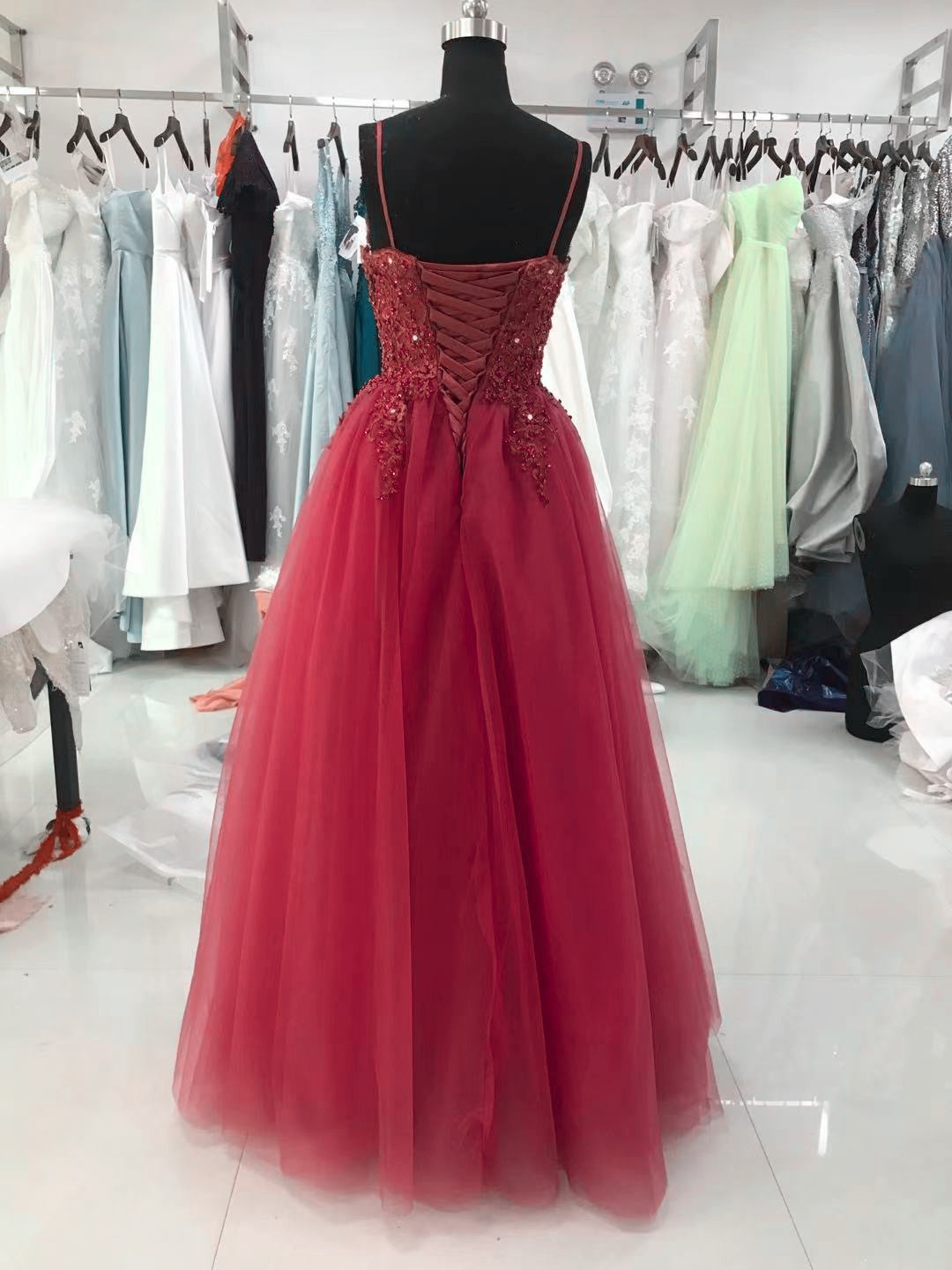 Wine Red Tulle Straps Lace Applique Long Formal Dress, Wine Red Prom Dress