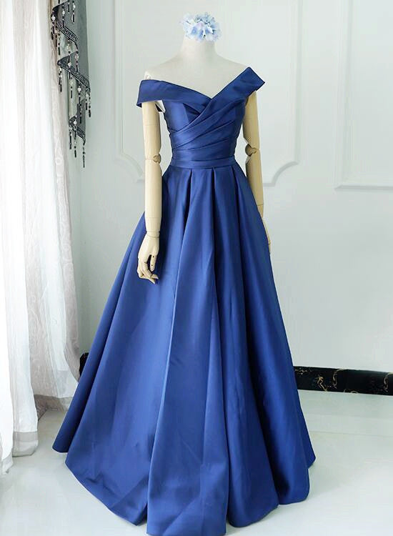 Off Shoulder Blue Satin Floor Length Party Dress, A-line Junior Prom Dress