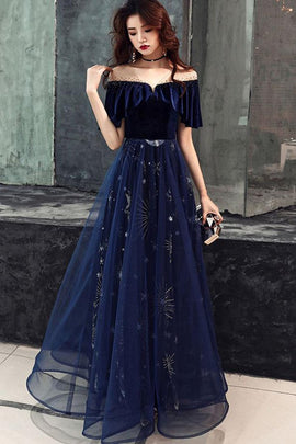 Elegant Blue Velvet Top Long Party Dress, Prom Gowns