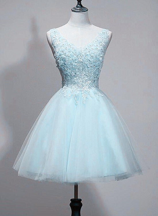 Light Blue V-neckline Lace Applique Tulle Homecoming Dress, Low Back Short Prom Dress