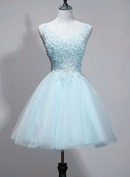 Blue v neck velvet top tulle short homecoming dress s98