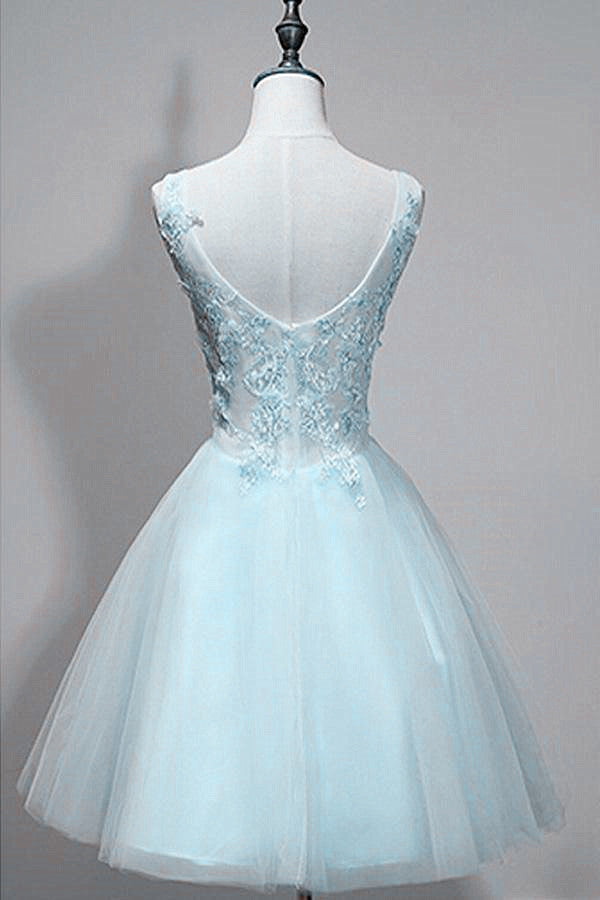 Light Blue V-neckline Lace Applique Tulle Homecoming Dress, Low Back Short Prom Dress