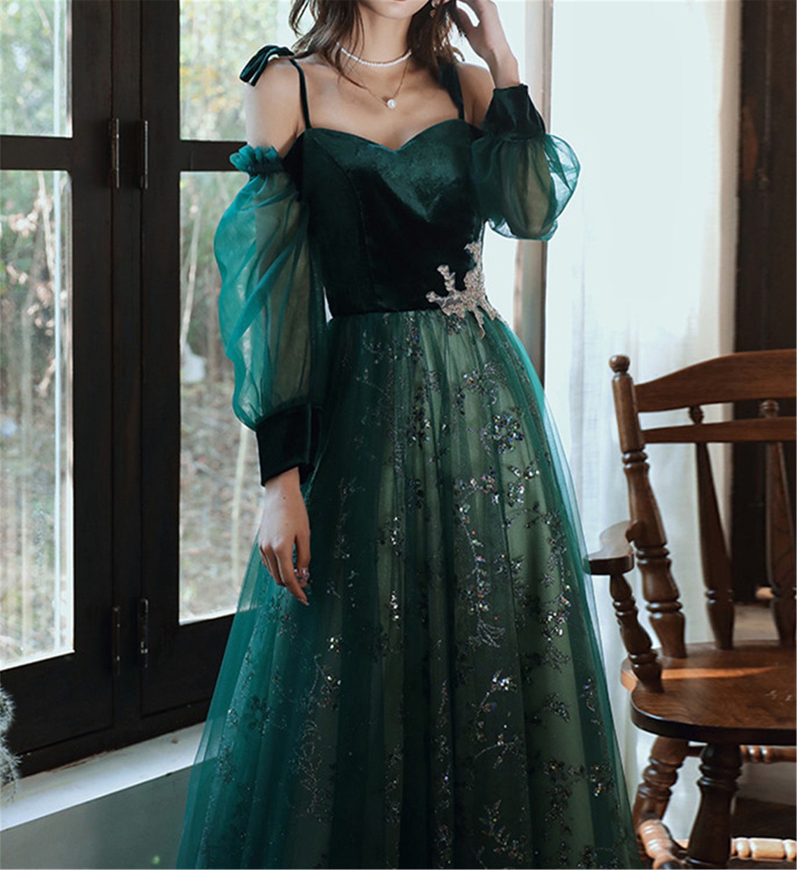 Beautful Dark Green Tulle Stunning Sequin Bridal Dress, Spaghetti Stra Cutedressy Beautful Dark Green Tulle Stunning Sequin Bridal Dress, Spaghetti Stra Cutedressy