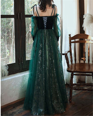 Beautful Dark Green Tulle Stunning Sequin Bridal Dress, Spaghetti Strap Prom Dress Wedding Party Dresses