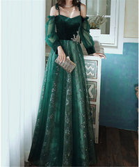 Beautful Dark Green Tulle Stunning Sequin Bridal Dress, Spaghetti Strap Prom Dress Wedding Party Dresses