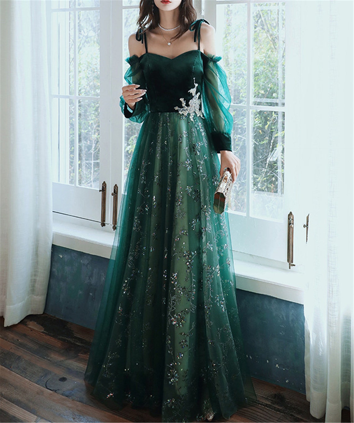 Beautful Dark Green Tulle Stunning Sequin Bridal Dress, Spaghetti Stra Cutedressy Beautful Dark Green Tulle Stunning Sequin Bridal Dress, Spaghetti Stra Cutedressy