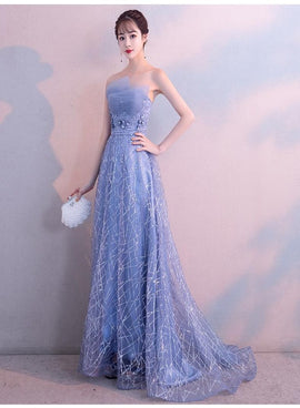 Beautiful Blue-Grey Tulle A-line Long Evening Dress with Beadings, Long Party Dress