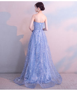 Beautiful Blue-Grey Tulle A-line Long Evening Dress with Beadings, Long Party Dress