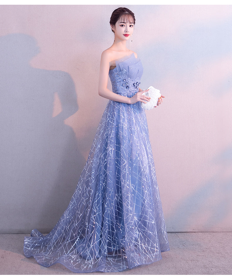 Beautiful Blue-Grey Tulle A-line Long Evening Dress with Beadings, Long Party Dress