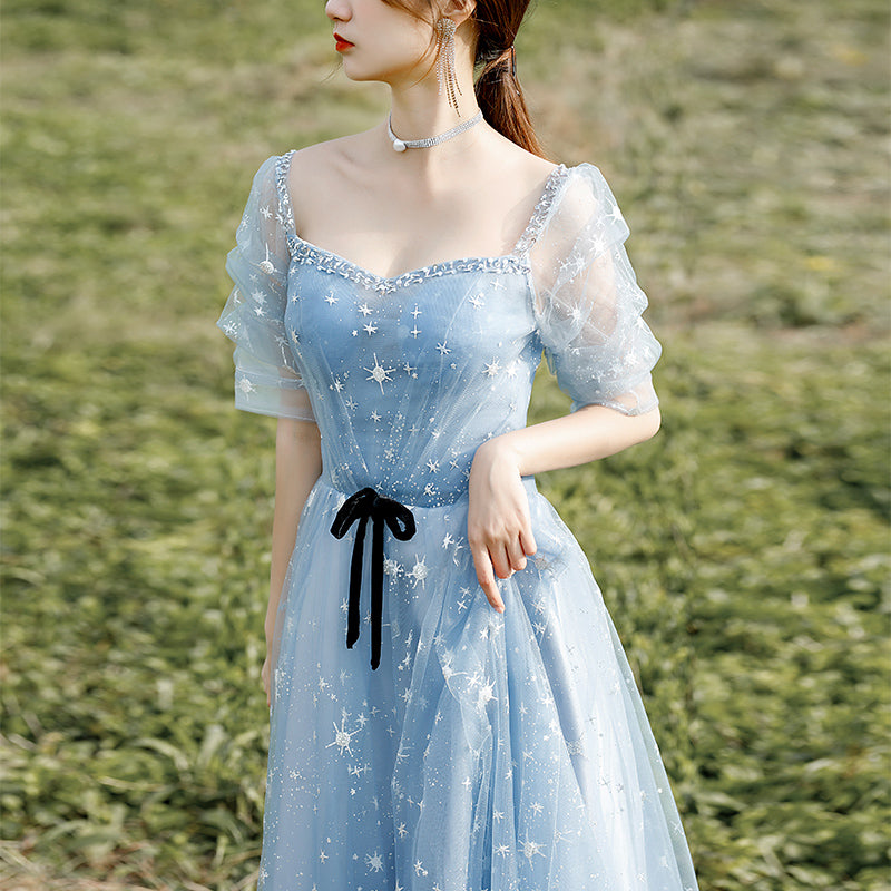Beautiful Blue Short Sleeves A-line Beaded Tulle Party Dress Prom Dres – Cutedressy