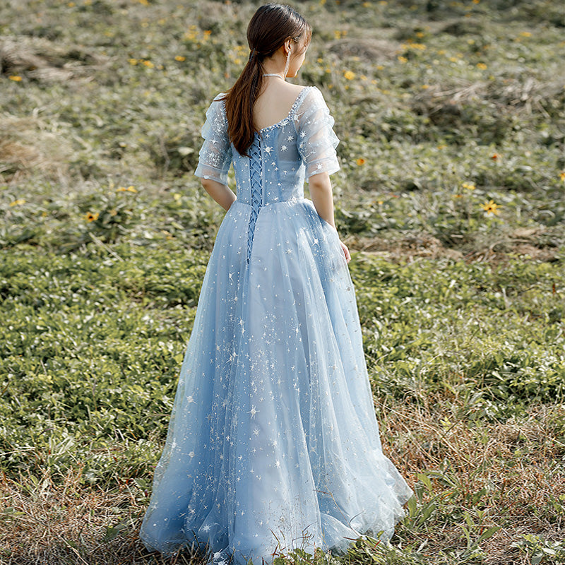Beautiful Blue Short Sleeves A-line Beaded Tulle Party Dress Prom Dresses, Blue Evening Dresses