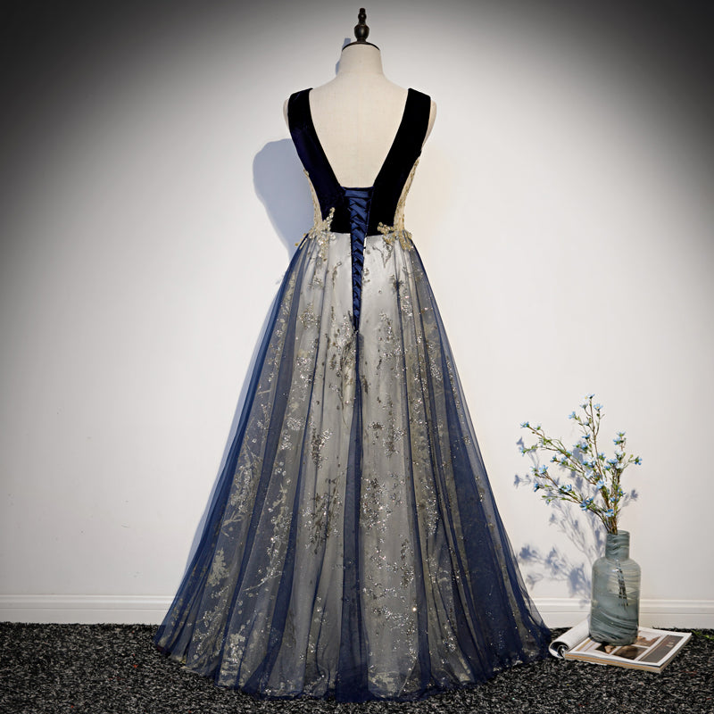 Beautiful Blue Velvet and Lace Tulle Long Low Back Party Dress, Blue A Cutedressy Beautiful Blue Velvet and Lace Tulle Long Low Back Party Dress, Blue A Cutedressy