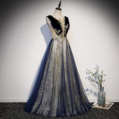 Beautiful Blue Velvet and Lace Tulle Long Low Back Party Dress, Blue A-line Evening Dresses