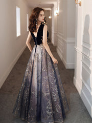 Beautiful Blue Velvet and Lace Tulle Long Low Back Party Dress, Blue A-line Evening Dresses