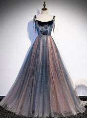 Beautiful Blue Velvet and Shiny Tulle Spaghetti Straps Beading Prom Dress, Blue Formal Dresses