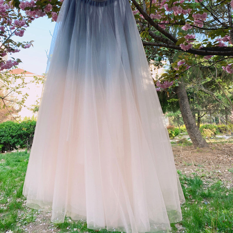 Beautiful Blue and Pink Tulle Gradient Long Skirt, Lovely Women Skirts