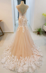 Beautiful Champagne Mermaid Tulle Long with Lace Evening Gown, Charming Prom Dress 2022