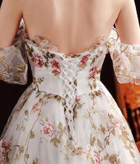 Beautiful Floral Off Shoulder Long Evening Dress Party Dress, A-line Floral Lace Gown