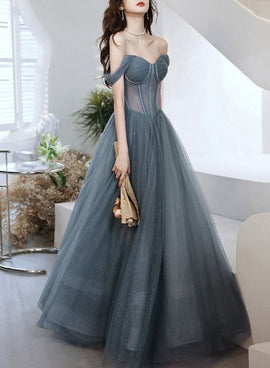Beautiful Grey-Blue Tulle Sweetheart Shiny Off Shoulder Prom Dress, A-line Party Dress Evening Dresses