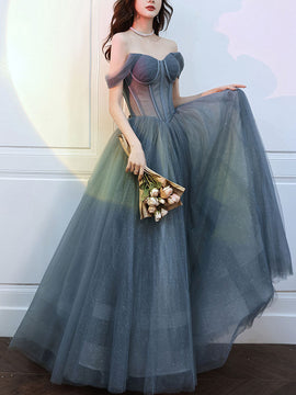Beautiful Grey-Blue Tulle Sweetheart Shiny Off Shoulder Prom Dress, A-line Party Dress Evening Dresses