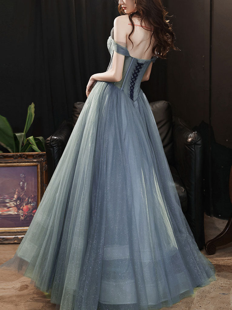 Beautiful Grey-Blue Tulle Sweetheart Shiny Off Shoulder Prom Dress, A- Cutedressy Beautiful Grey-Blue Tulle Sweetheart Shiny Off Shoulder Prom Dress, A- Cutedressy