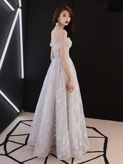 Beautiful Grey Off Shoulder Sweetheart Long Party Dress Prom Dress, Grey Evening Dress 2022