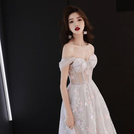 Beautiful Grey Off Shoulder Sweetheart Long Party Dress Prom Dress, Grey Evening Dress 2022