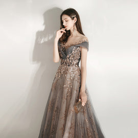 Beautiful Grey Shiny Tulle and Lace Long Formal Dress Party Dress, V-neckline Prom Dress 2022