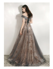 Beautiful Grey Shiny Tulle and Lace Long Formal Dress Party Dress, V-neckline Prom Dress 2022