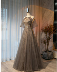 Beautiful Halter Tulle Beaded Floor Length Open Back Party Dress, A-line Tulle Long Prom Dress