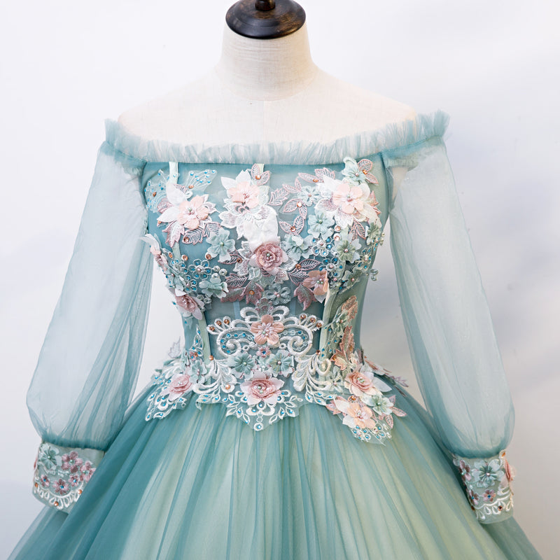 Beautiful Light Green Ball Gown Long Sleeves Party Dress with Lace, Sw Cutedressy Beautiful Light Green Ball Gown Long Sleeves Party Dress with Lace, Sw Cutedressy