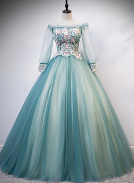 Beautiful Light Green Ball Gown Long Sleeves Party Dress with Lace, Sweet 16 Gown Formal Dresses