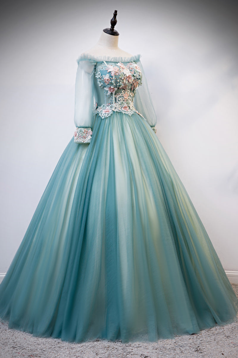 Beautiful Light Green Ball Gown Long Sleeves Party Dress with Lace, Sw Cutedressy Beautiful Light Green Ball Gown Long Sleeves Party Dress with Lace, Sw Cutedressy